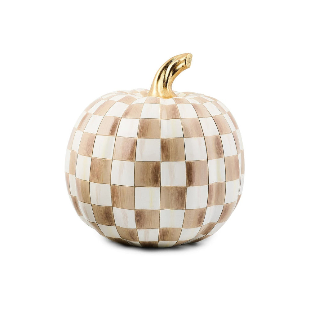 Medium decorative pumpkin with checkered pattern and gold stem on a white background.