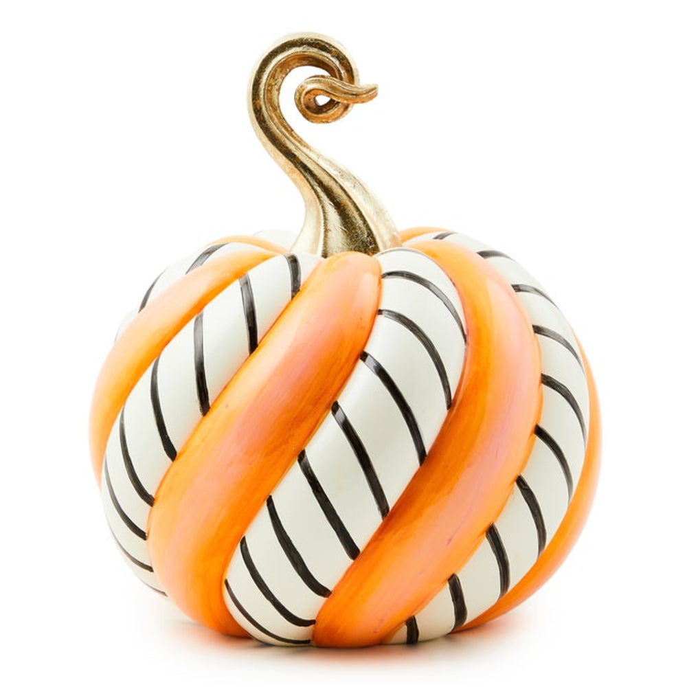A decorative pumpkin figurine with a glossy white body, black diagonal stripes, wide orange bands, and a metallic gold curling stem, isolated on a white background.