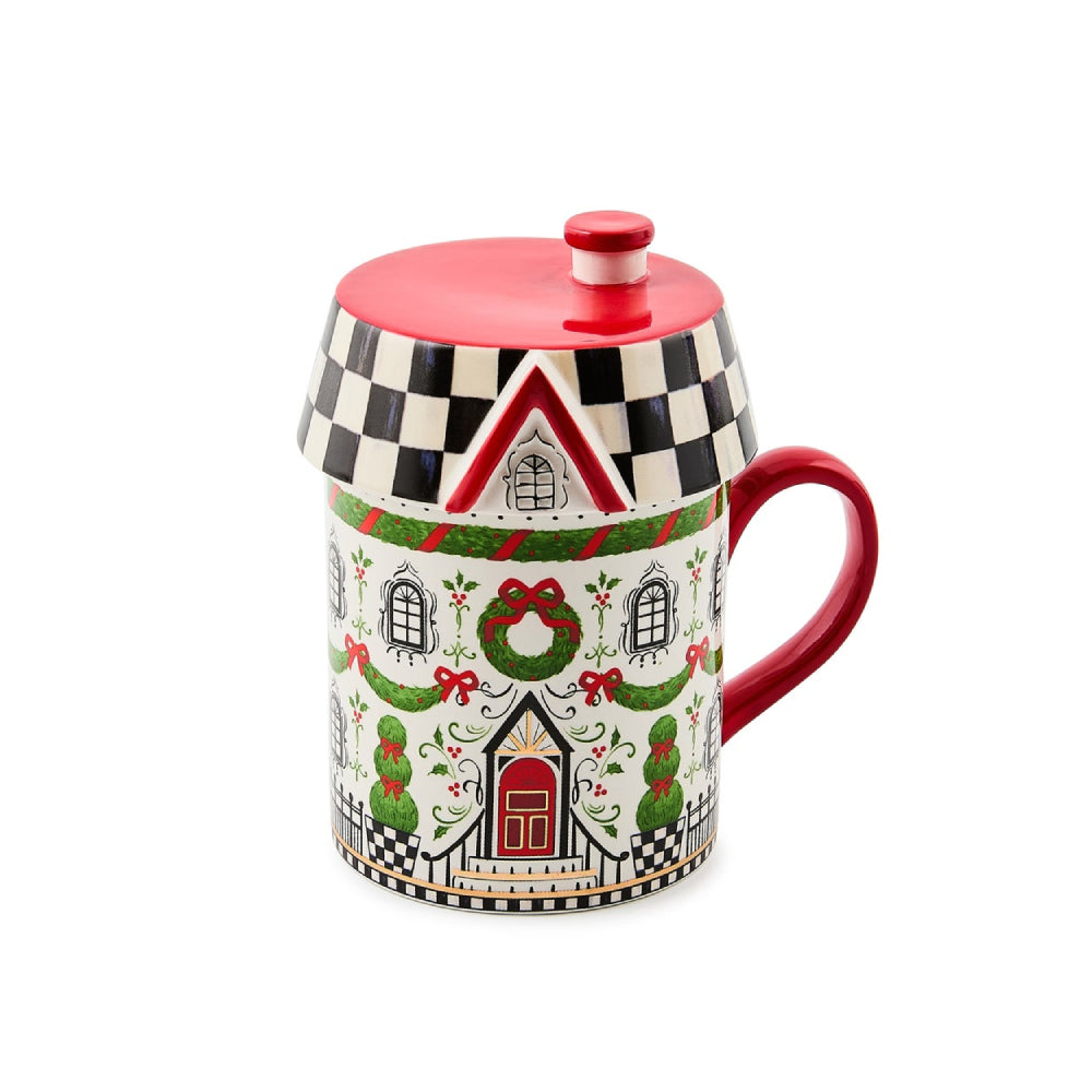 MacKenzie-Childs Holly Village Ceramic Lidded Mug