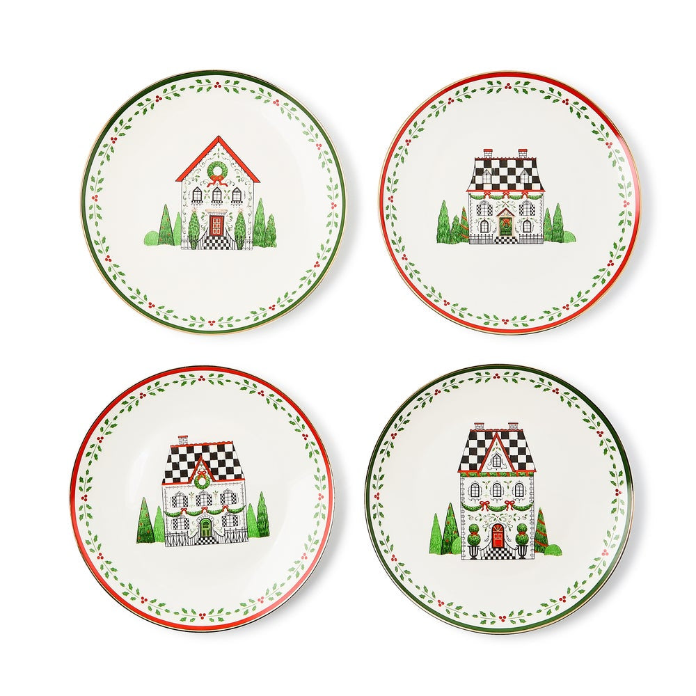 MacKenzie-Childs Holly Village Ceramic Dessert Plates - Set of 4