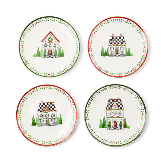 MacKenzie-Childs Holly Village Ceramic Dessert Plates - Set of 4
