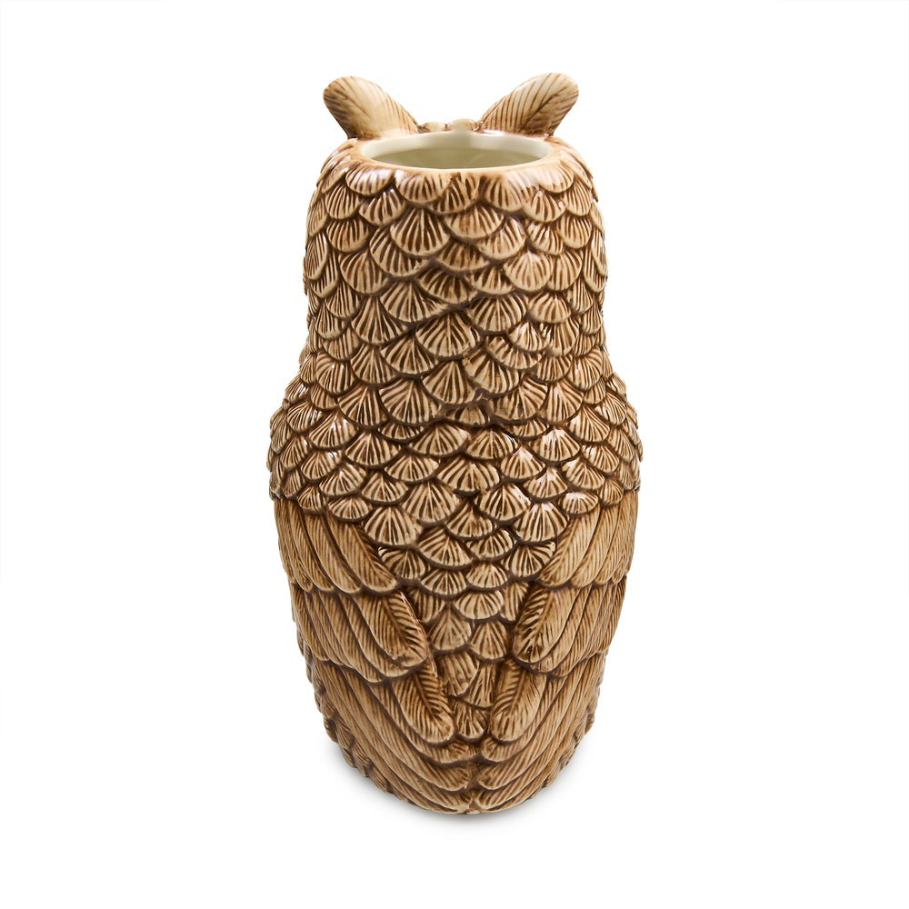 An owl-shaped ceramic vase with detailed feather carvings and a small opening at the top, shown on a plain white background.