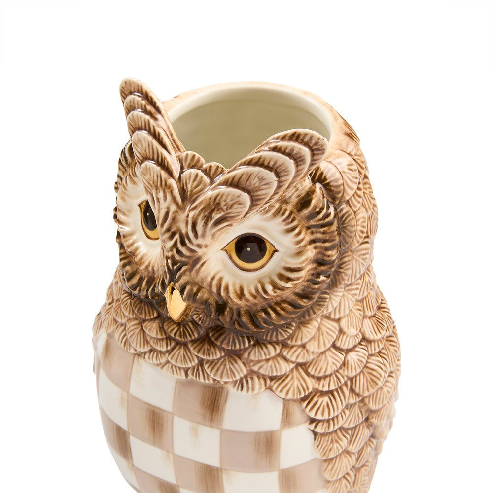 A ceramic owl-shaped planter with detailed brown and beige feather patterns, large expressive eyes, and a checkered base on a white background.