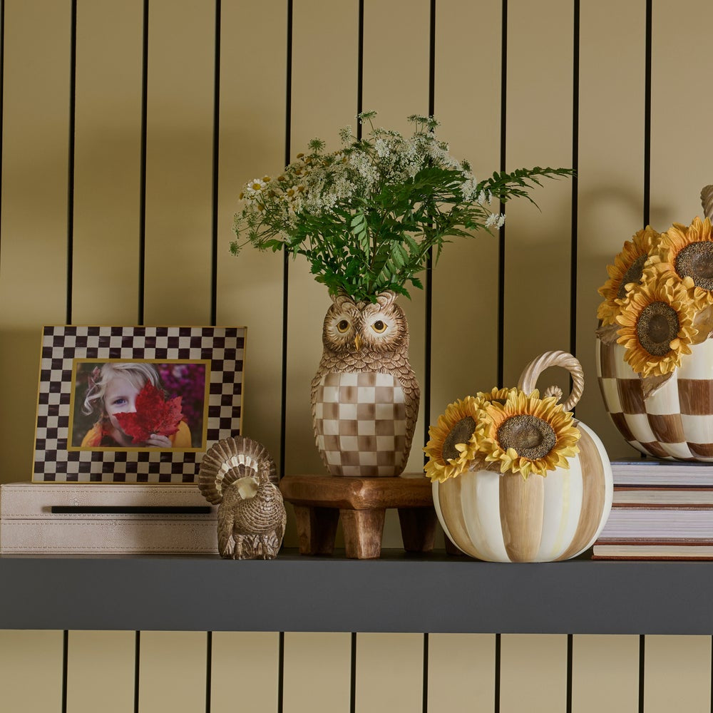 Autumn-themed home decor arrangement on a shelf, featuring a checkered owl vase with white flowers, a striped pumpkin pot with sunflowers, a checkered picture frame, and a small metallic turkey figurine against a beige paneled wall.