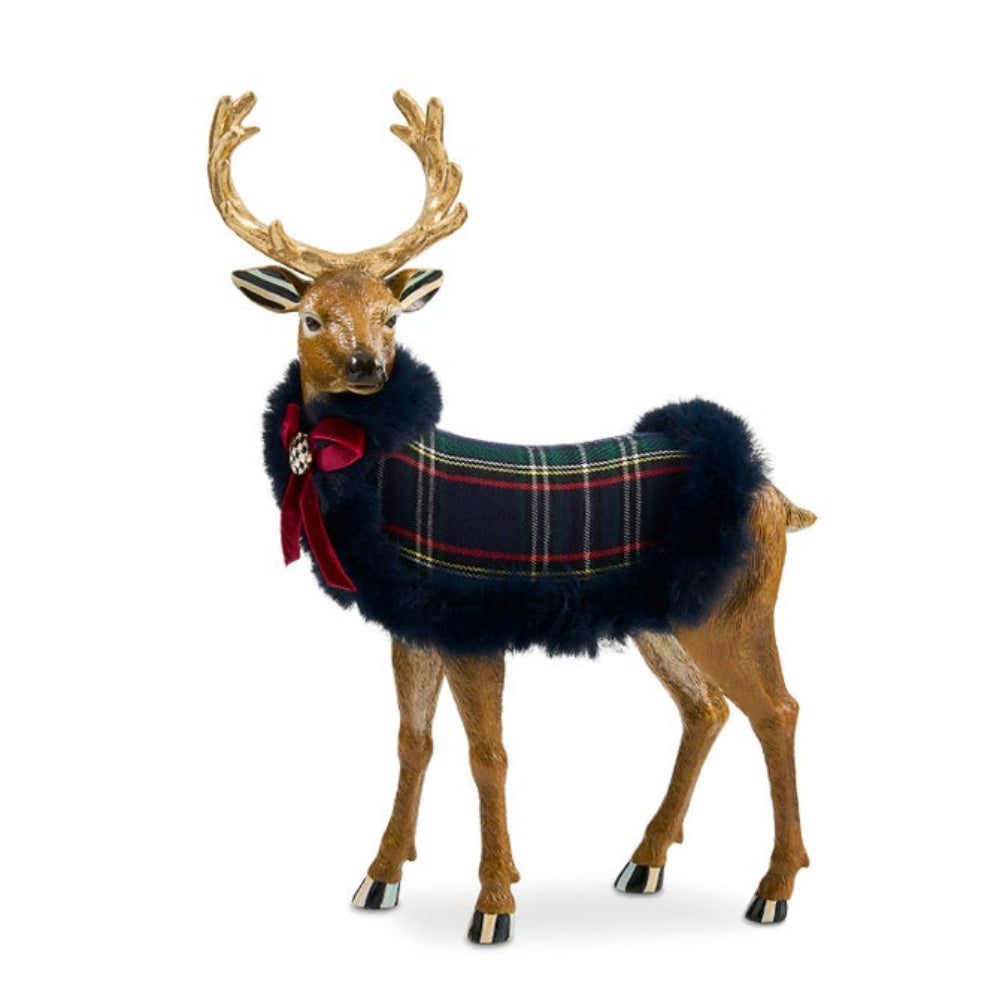 Decorative deer figure wearing a plaid sweater on a white background