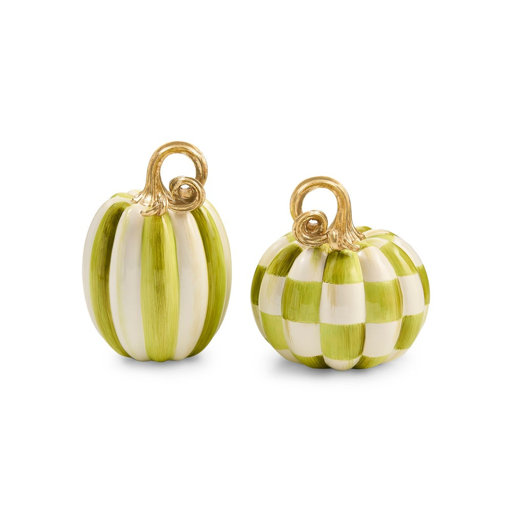 Two small decorative pumpkins with gold-tone hanging loops, one featuring vertical lime green and white stripes and the other a lime green and white checkered pattern, shown on a plain white background.