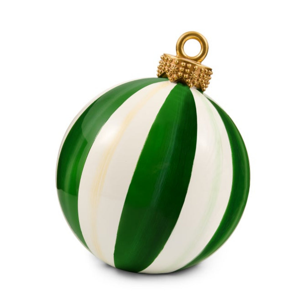 A glossy Christmas ornament shaped like a round ball with alternating green and white vertical stripes, topped with a textured gold cap and hanging loop, shown on a plain white background.