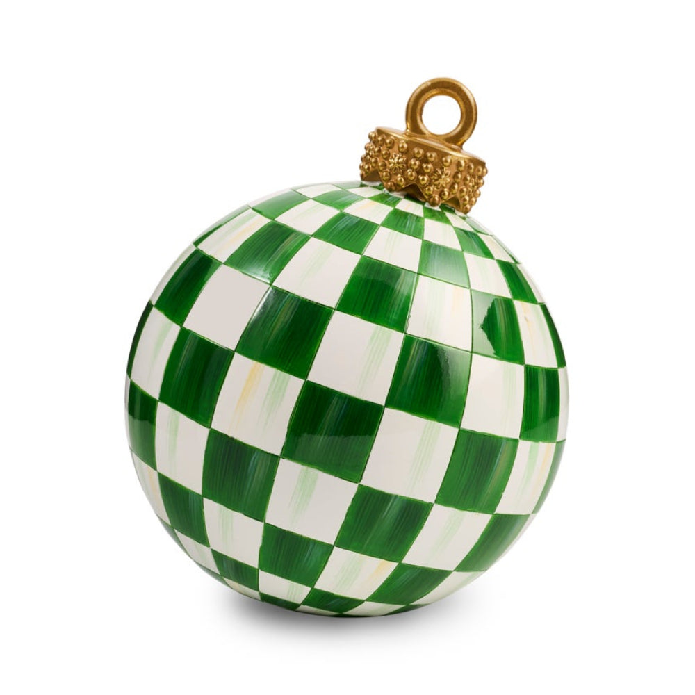 A green and white checkered Christmas ornament with a gold hanging loop and cap, shown on a clean white background.