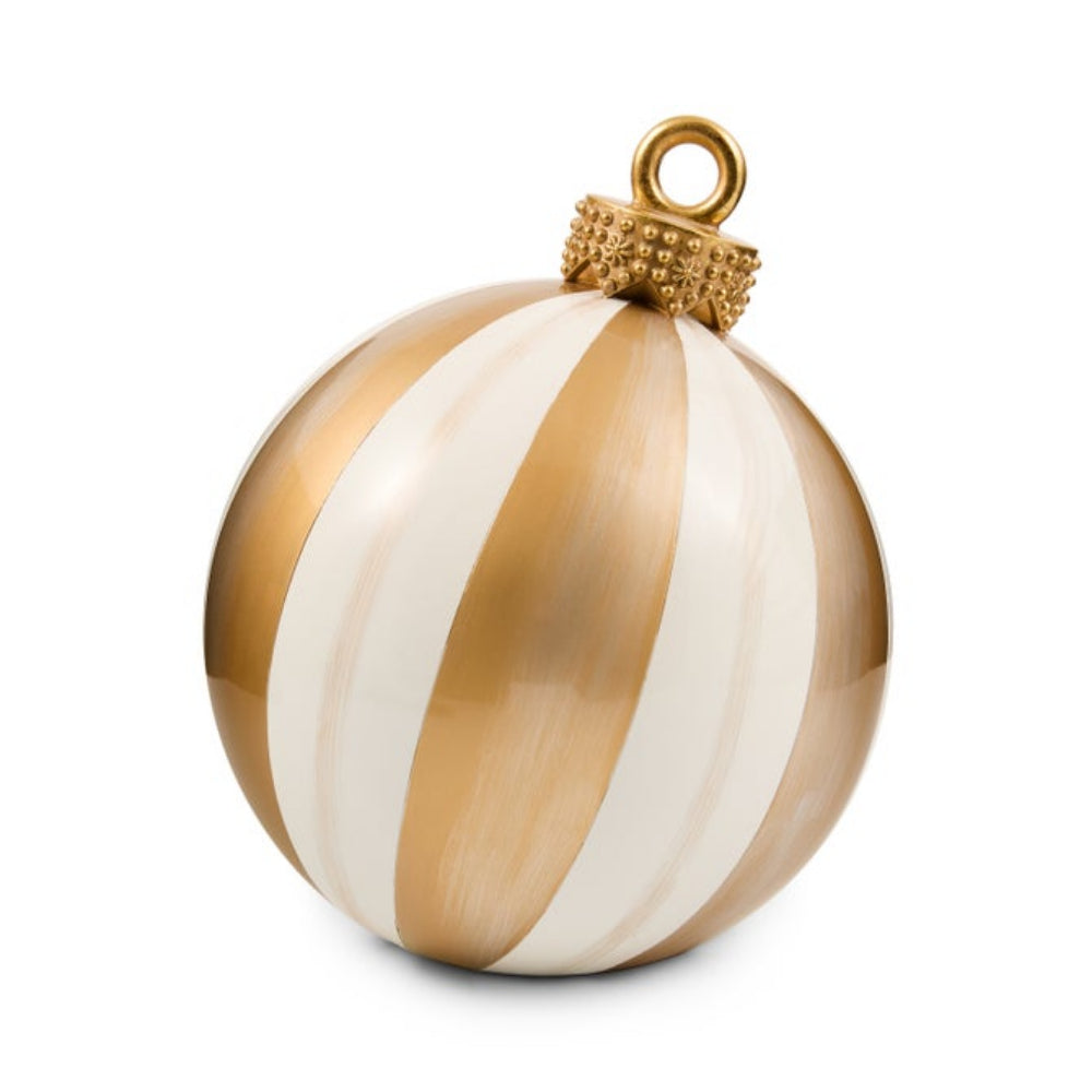 A spherical Christmas ornament with alternating vertical stripes of metallic gold and cream, featuring a textured gold cap and hanging loop, shown on a clean white background.