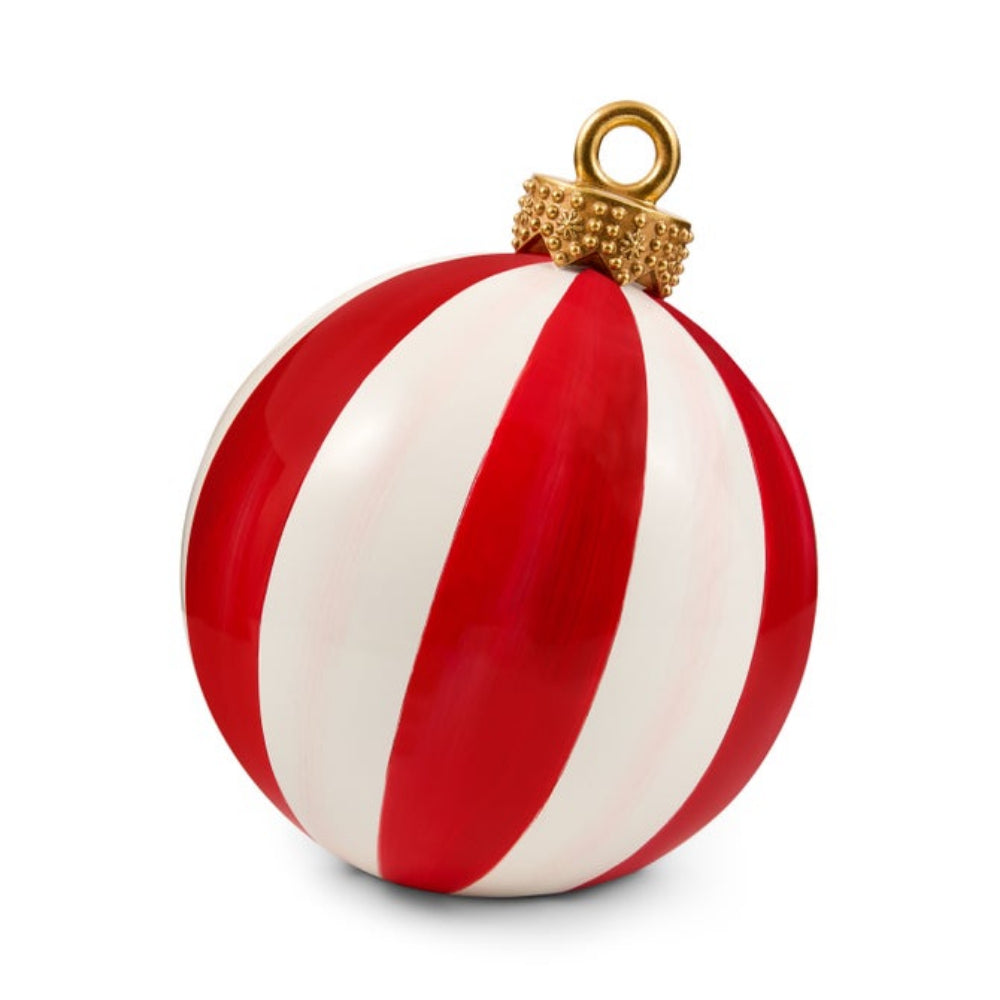 A glossy red and white striped Christmas ornament with a textured gold cap and hanging loop, isolated on a white background.