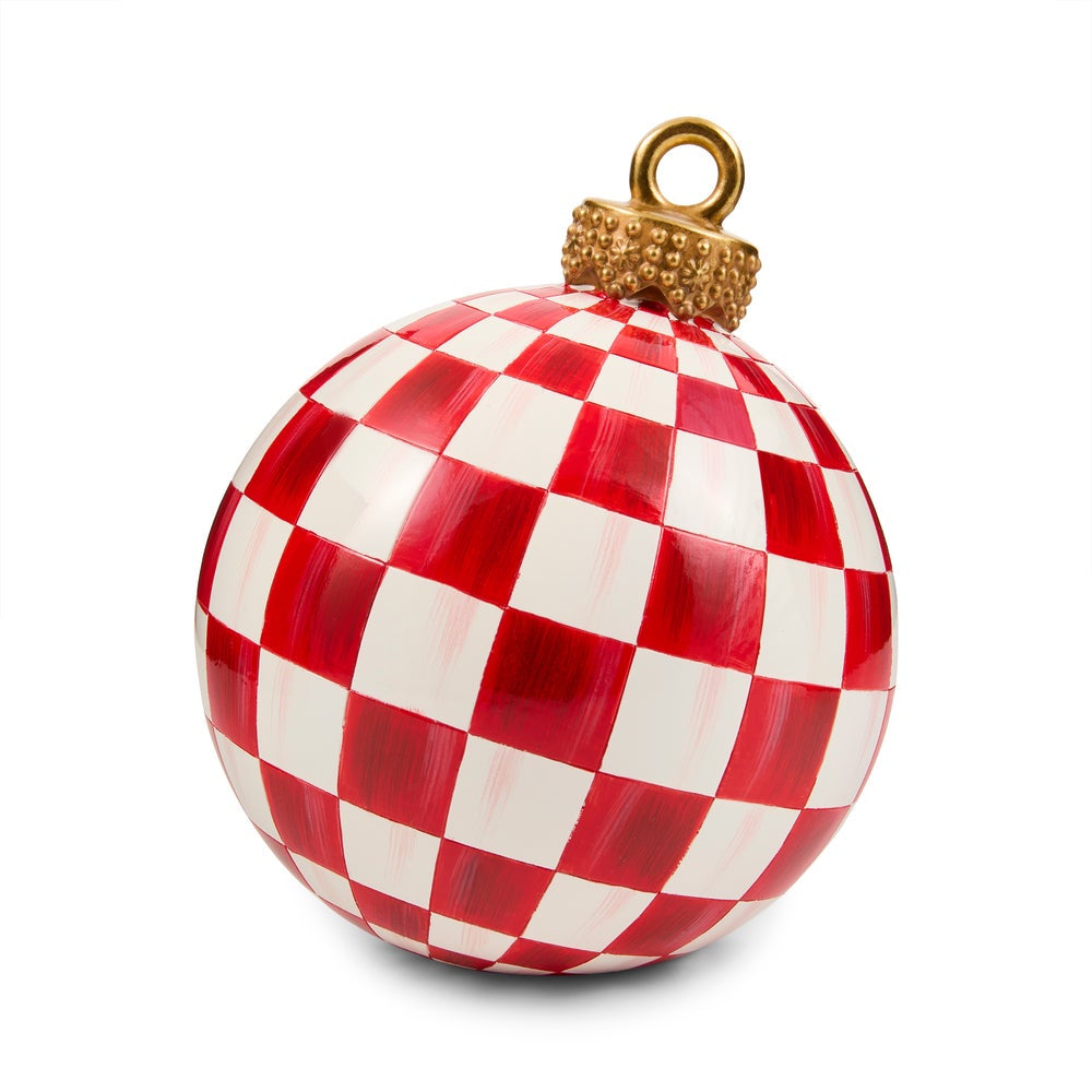 A glossy red and white checkered Christmas ornament with a textured gold cap and hanging loop, shown on a clean white background.