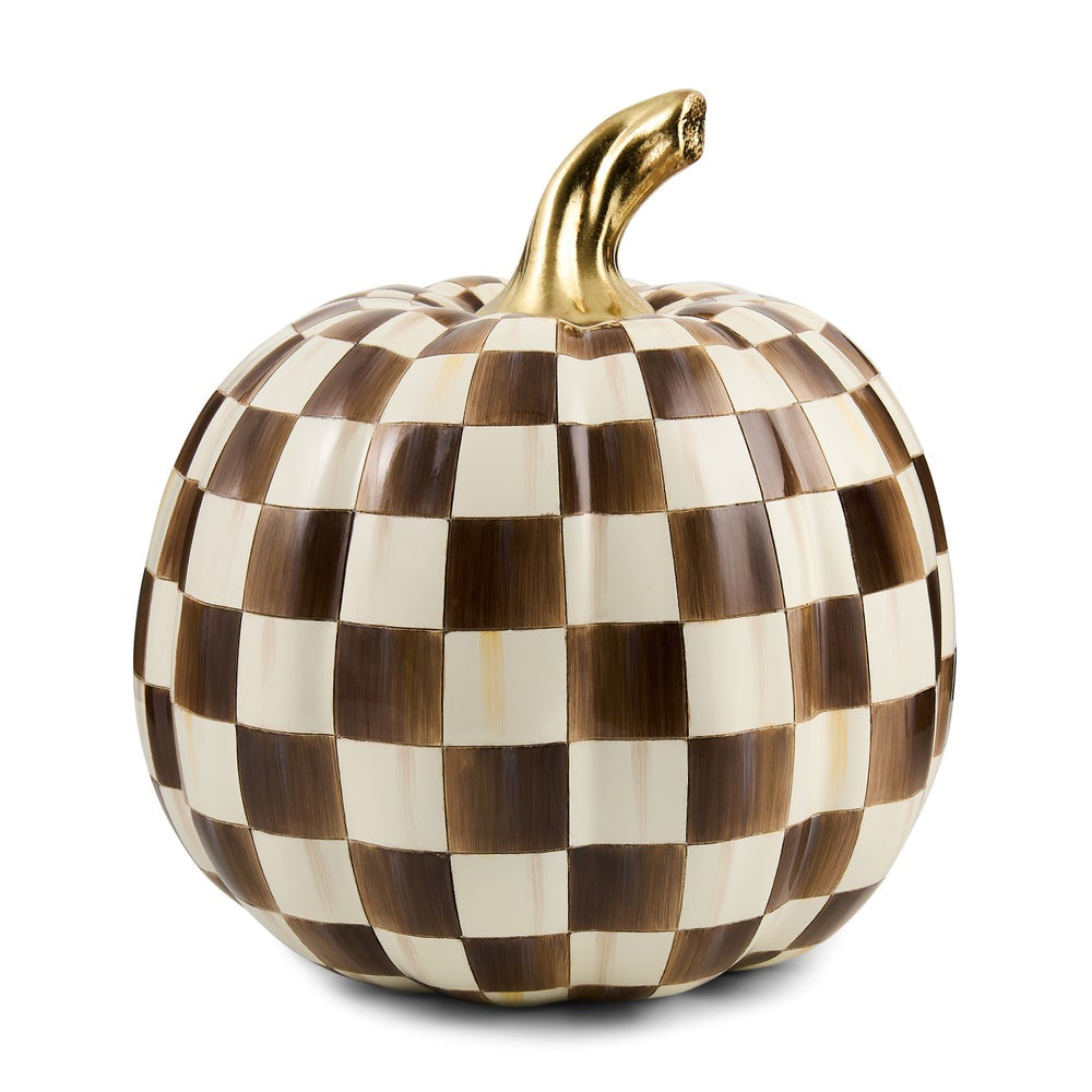 A decorative pumpkin with a brown and cream checkered pattern and a metallic gold stem, shown on a plain white background.
