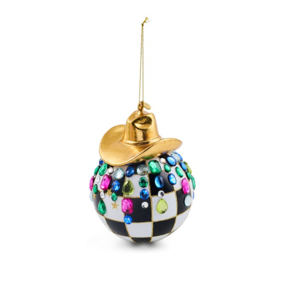 Courtly Check ornament with a gold cowboy hat on top and colorful gems on a white backround. 