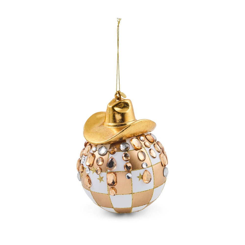 Gold check ornament with a gold cowboy hat on top with clear gems on a white backround. 