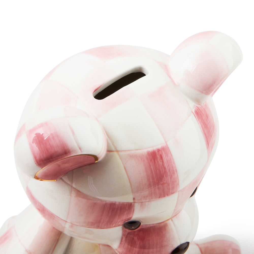 Top view of Rosy Bear Bank, pink pattern on a white backround.