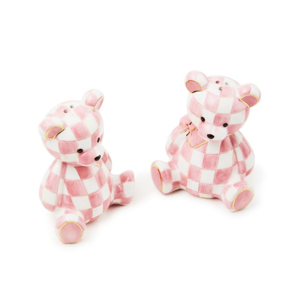 Two pink and white checkered teddy bears on a white background