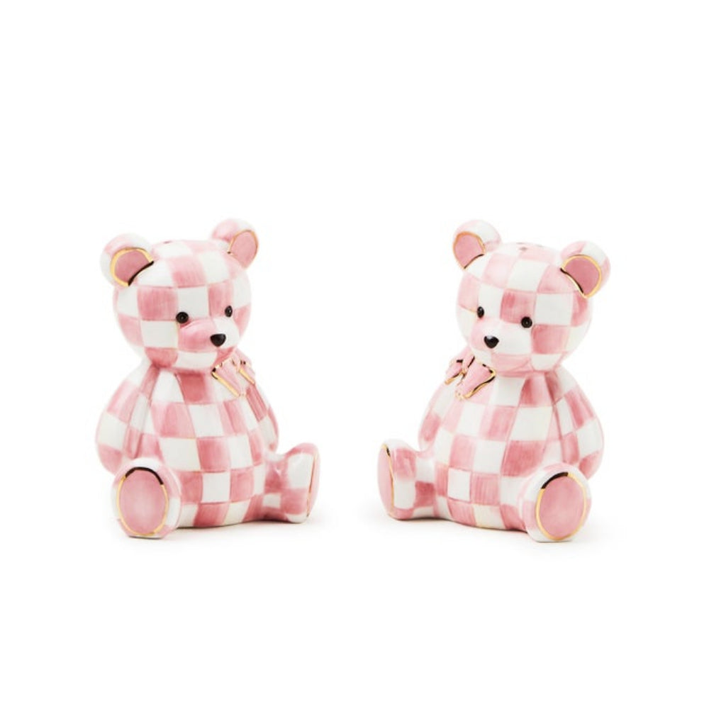 Two pink and white checkered teddy bears on a white background