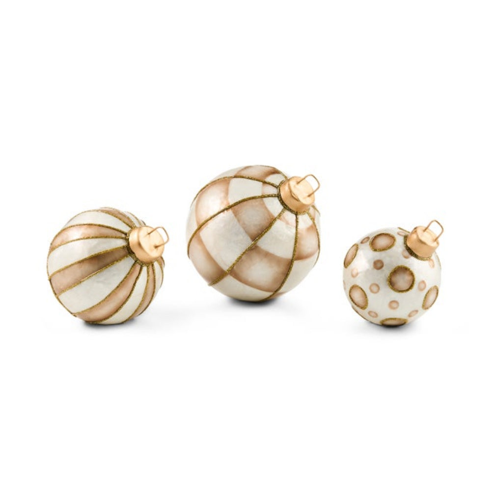 The top of three Mocha Check Capiz Tabletop Ornament Balls in differant sizes on a white backround.