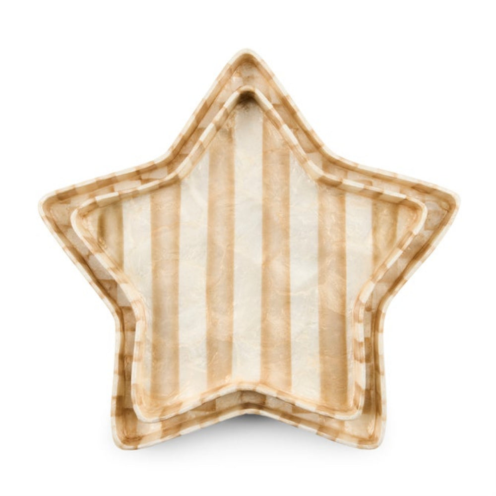 A star-shaped ceramic plate with vertical stripes in beige and off-white, shown from a top-down view on a white background.