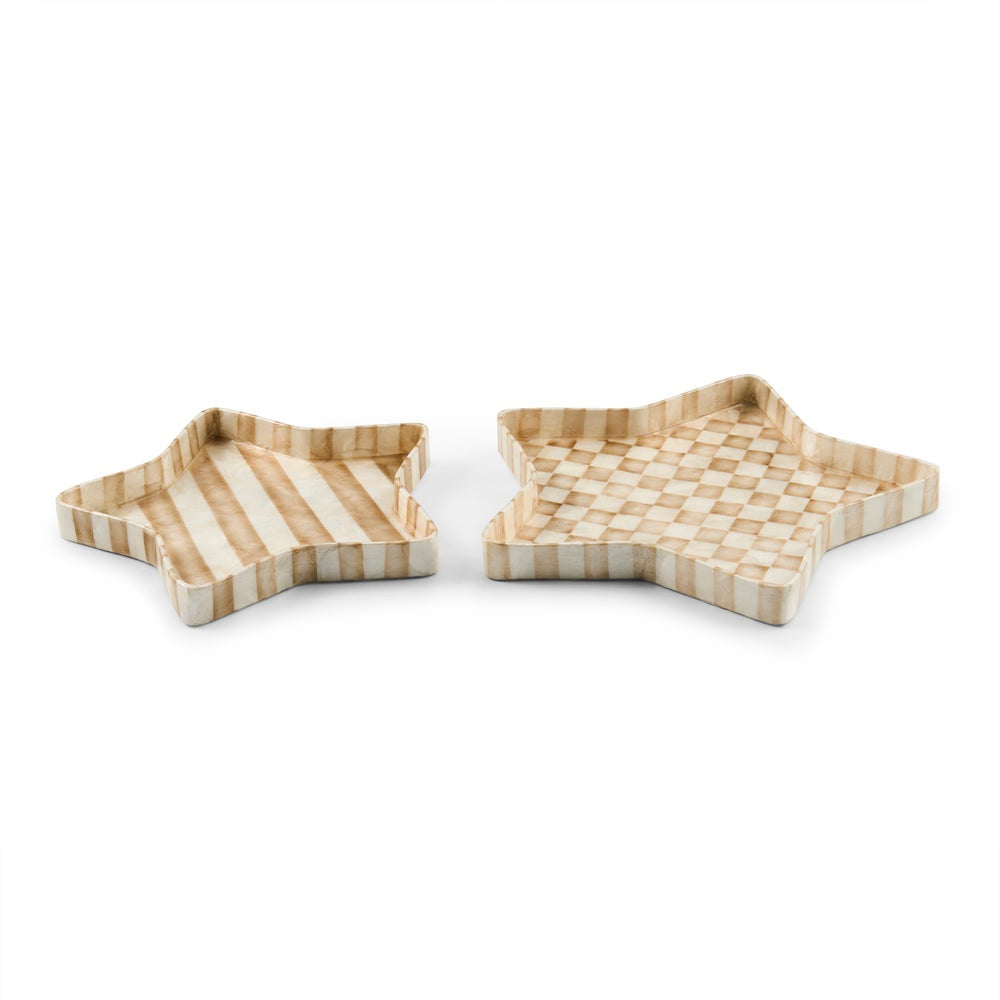 Two star-shaped wooden trays with a beige and cream checkerboard pattern displayed on a clean white background.