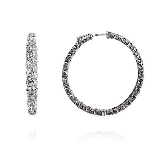 14k White Gold 9.70ct In and Out Round Diamond Hoop Earrings
