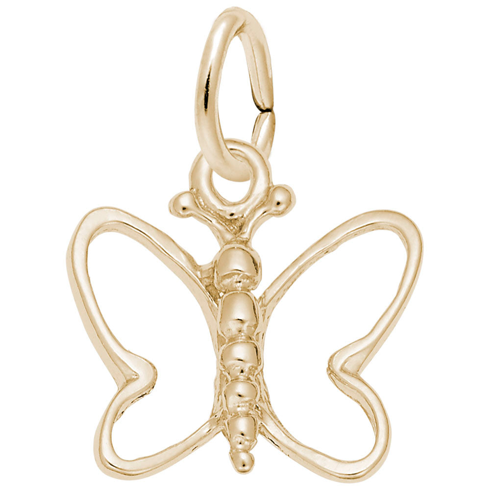 Gold butterfly pendant with open wings on a white background