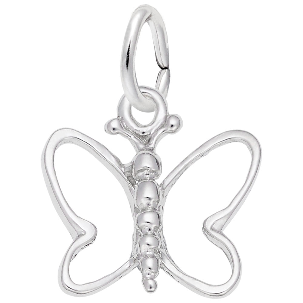 Silver butterfly pendant with open wings on a white background