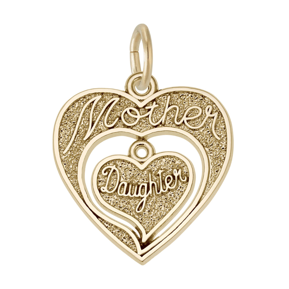 Gold heart-shaped charm with 'Mother Daughter' engraving on a white background