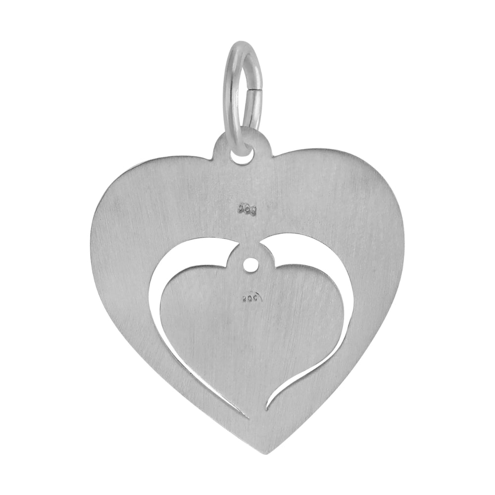 Silver heart-shaped charm with a smaller heart cutout on a white background