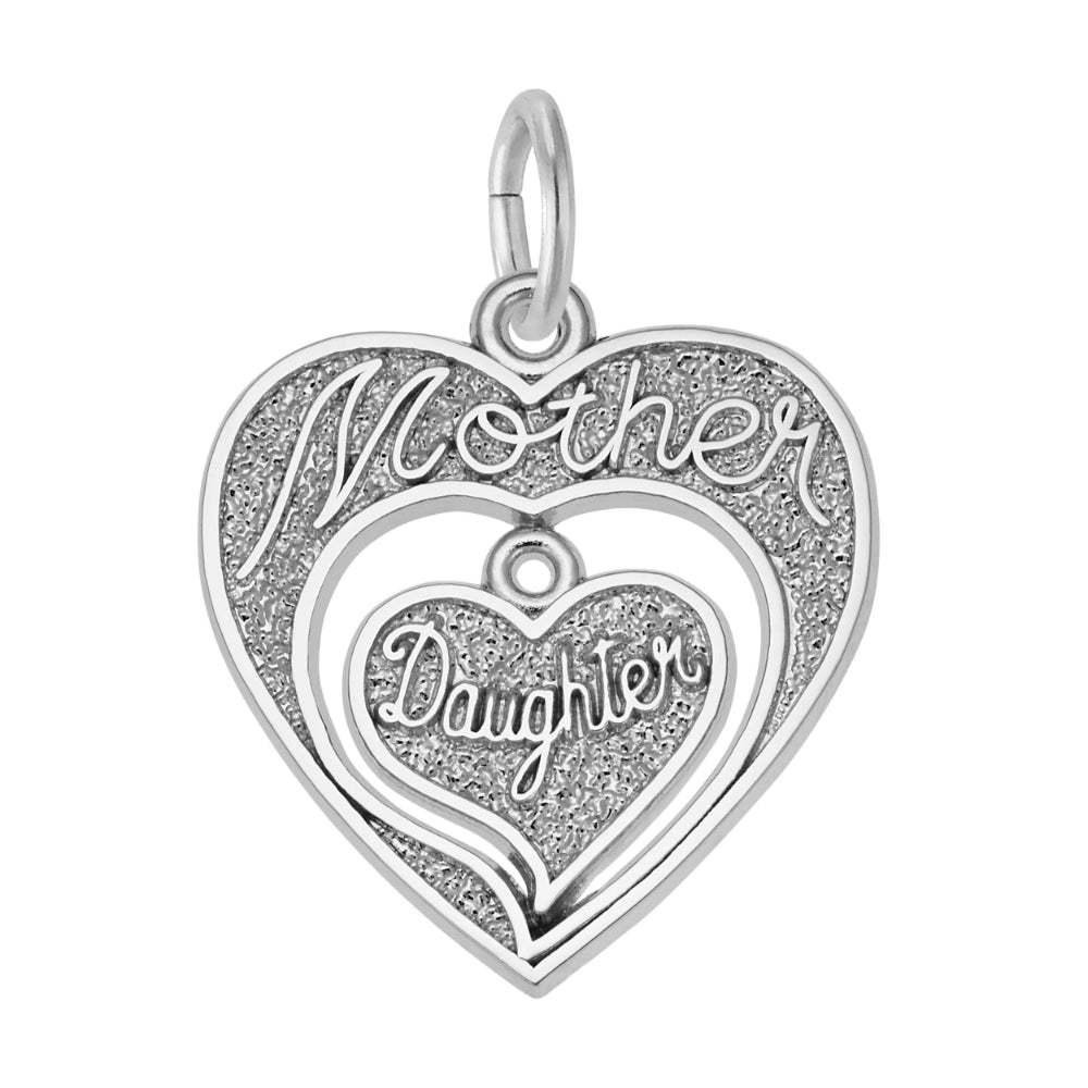 Silver heart-shaped charm with 'Mother Daughter' engraving on a white background