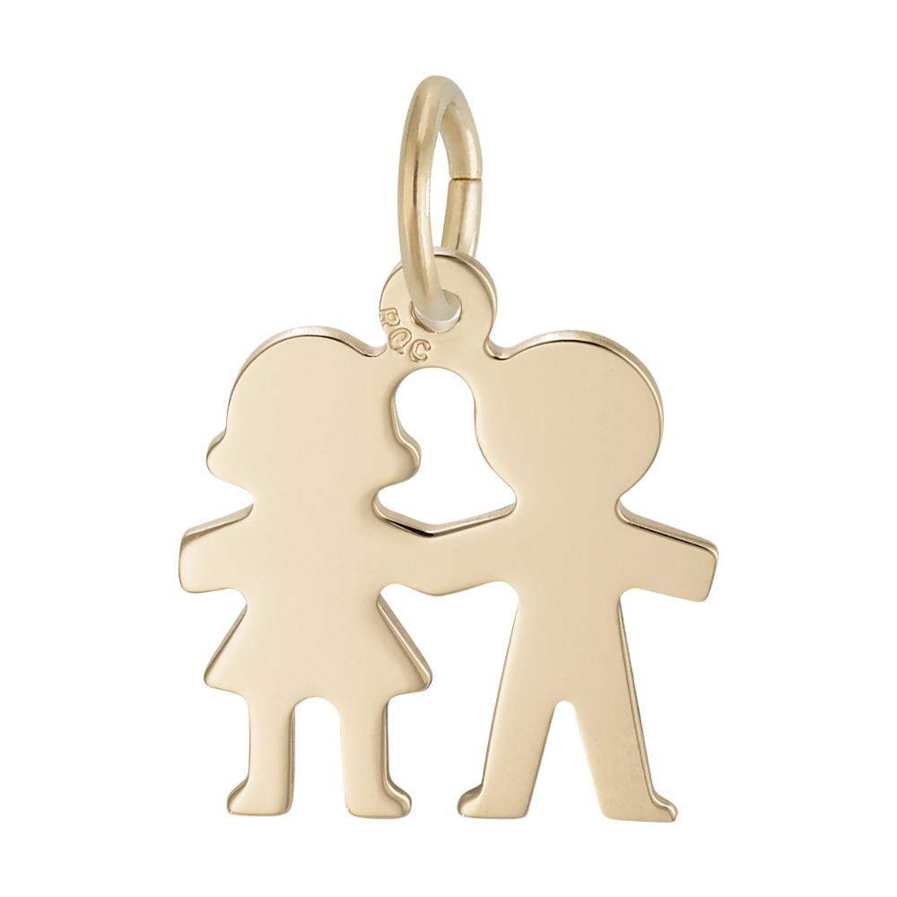 Reverse side of Gold charm shaped like a couple on a white background