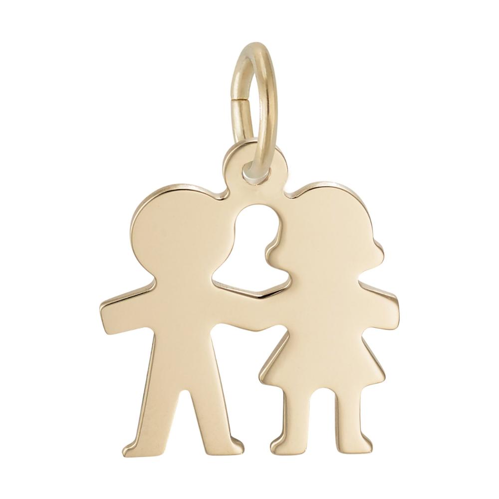 Gold charm shaped like a couple on a white background