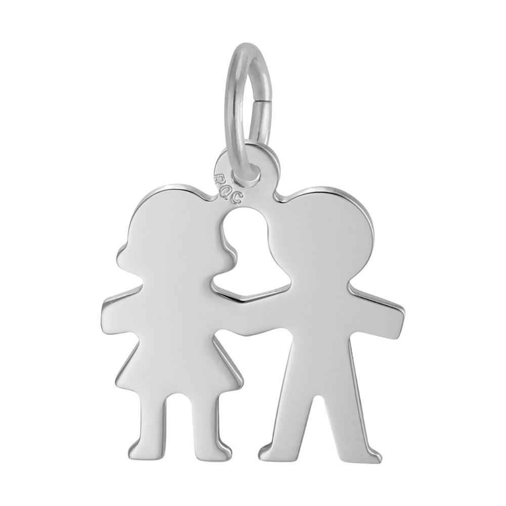 Reverse side of Silver charm shaped like a couple on a white background