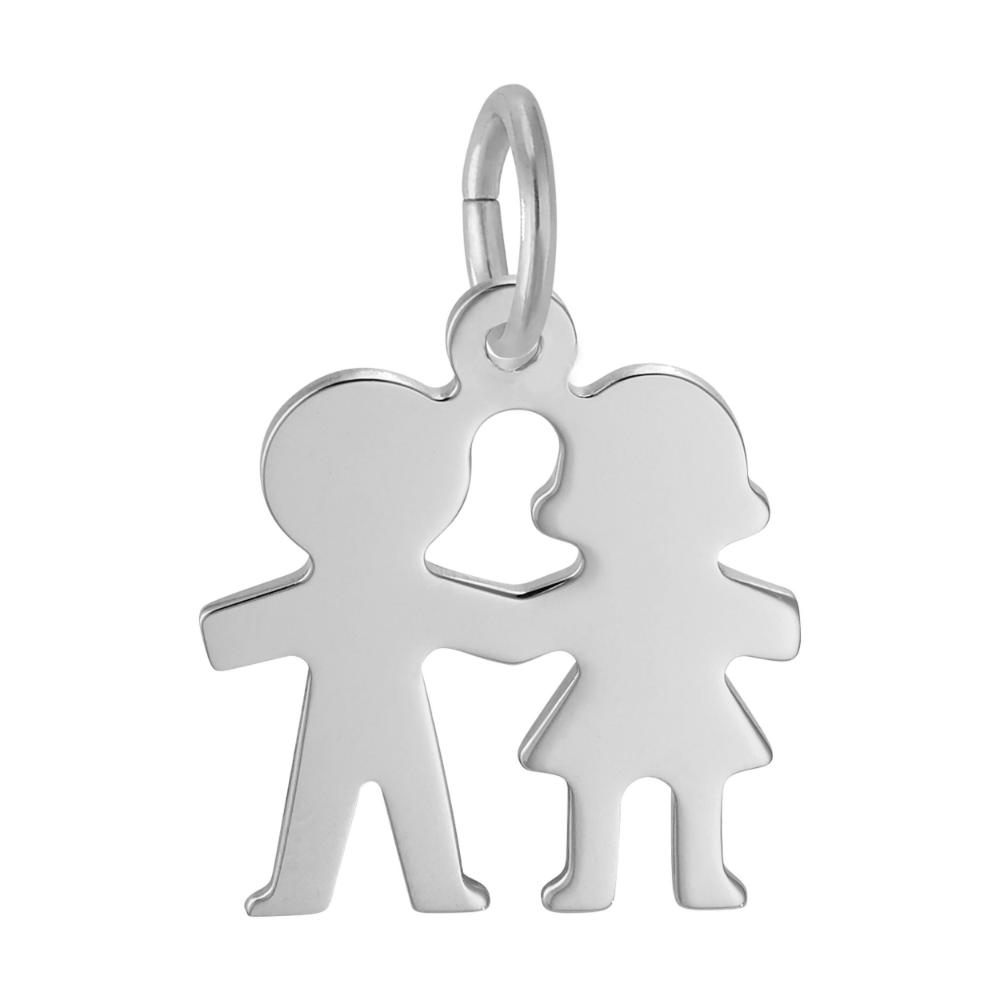 Silver charm shaped like a couple on a white background