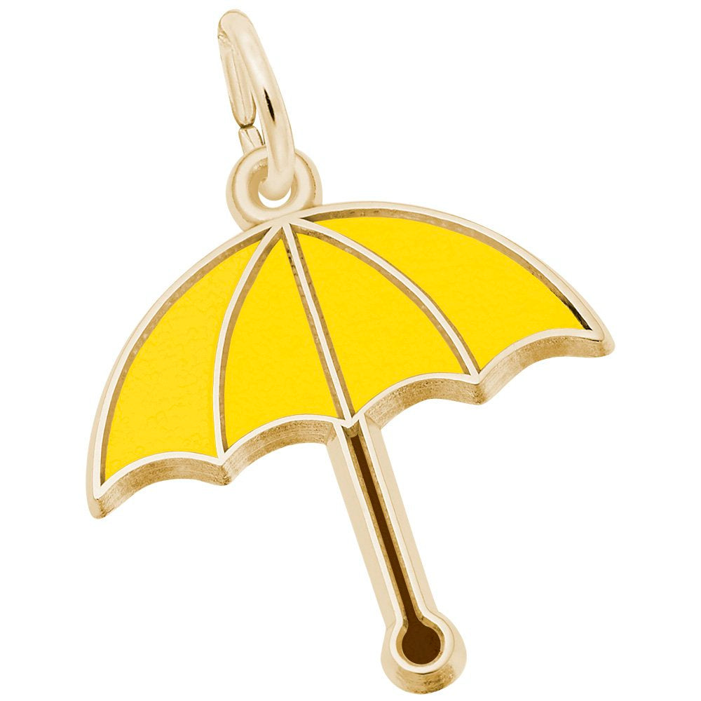 Gold umbrella charm with a yellow canopy on a white background