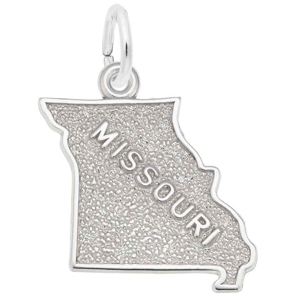 Silver charm shaped like the state of Missouri with "MISSOURI" text, shown on a white background