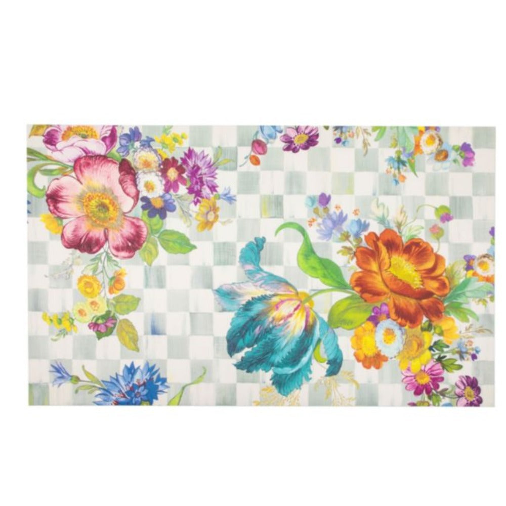 A medium sized Medium 3'x5' colorful floral design doormat on a grey checkered background 