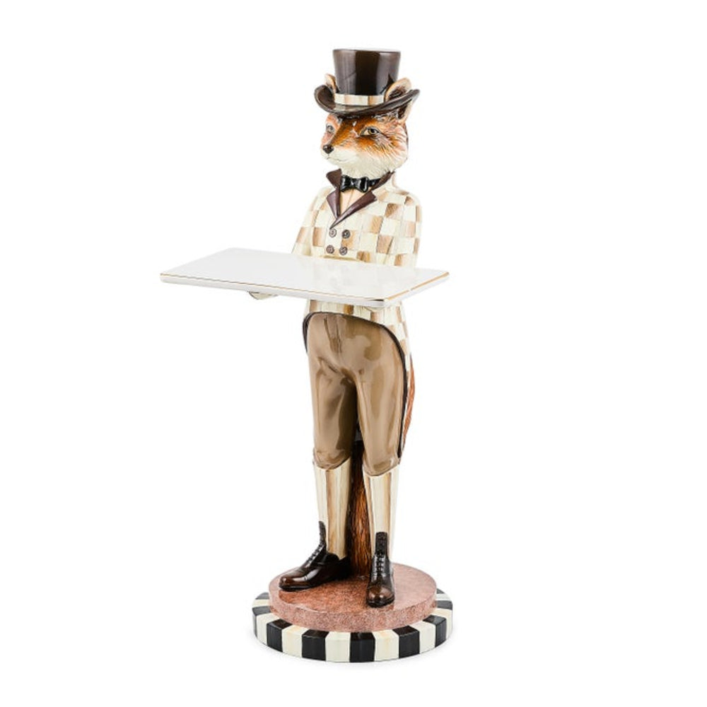 Statue of a fox in a suit and top hat holding a tray on a white background