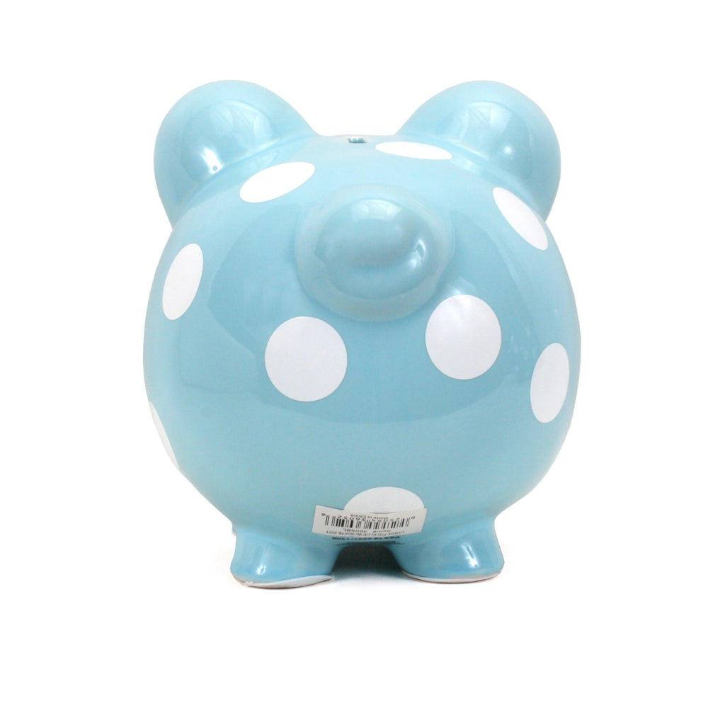 Blue piggy bank with white polka dots on a white background