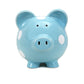 Blue piggy bank with white spots on a white background