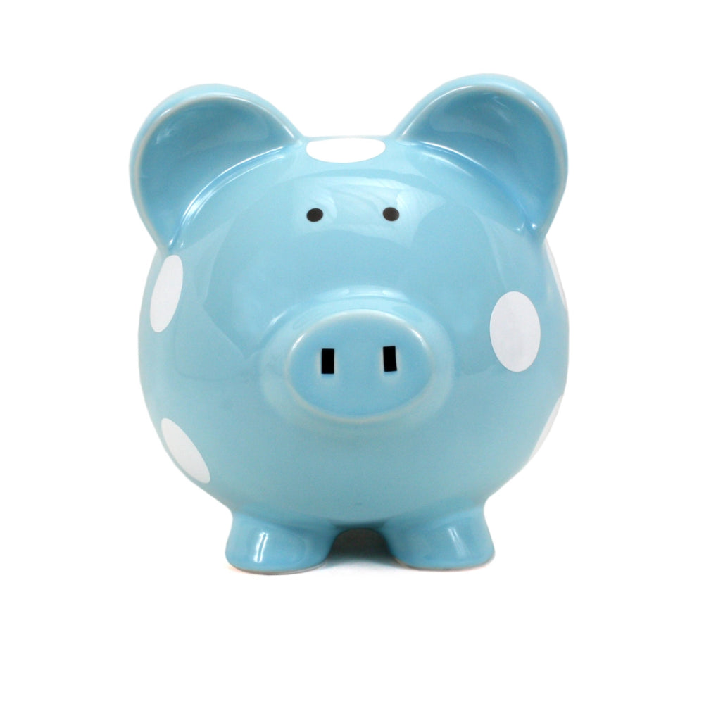 Blue piggy bank with white spots on a white background