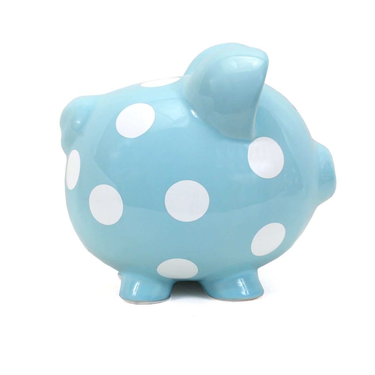 Blue piggy bank with white polka dots on a white background