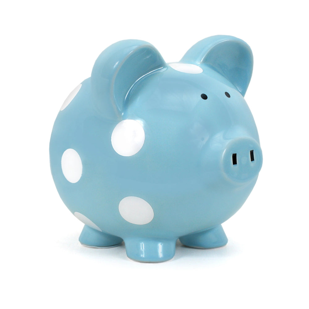Blue piggy bank with white polka dots on a white background