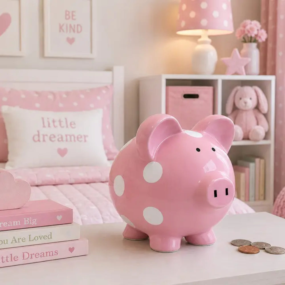 A pink ceramic piggy bank with white polka dots sits on a white table in a cozy, pink-themed bedroom setting with a bed, pillows, books, and a lamp in the background.