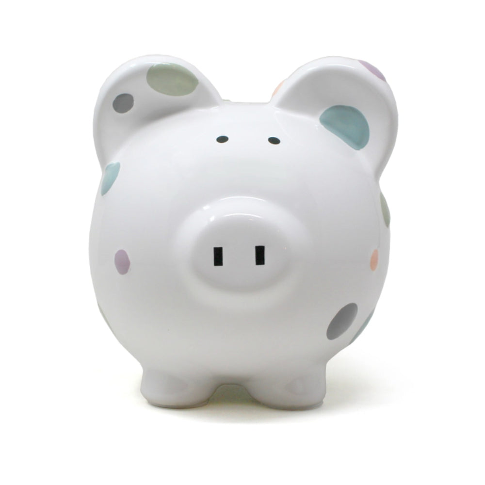 Front photo of a white piggy bank with colorful polka dots on a white background