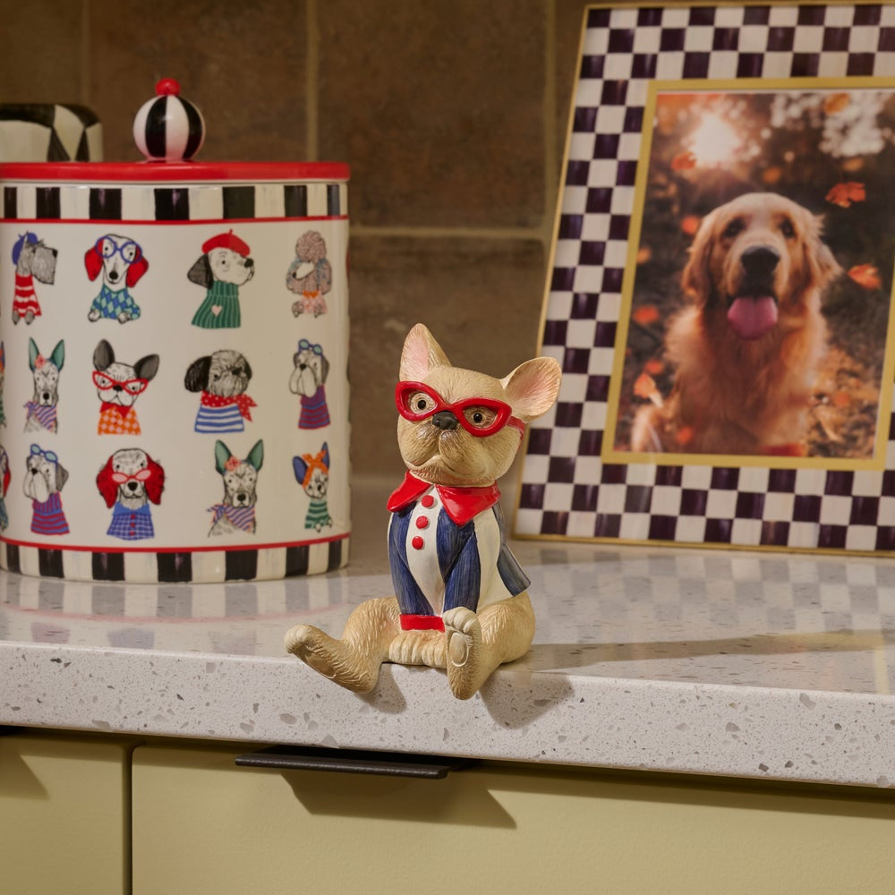 A decorative figurine of a seated cat wearing red glasses, a red bow tie, and a blue jacket with red buttons, placed on a kitchen countertop next to a patterned dog-themed jar and a framed dog photo.