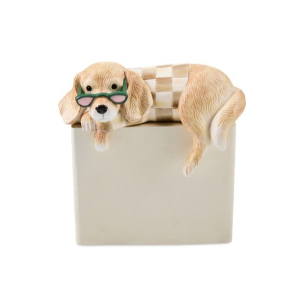 A decorative figurine of a light tan beagle dog wearing green-framed glasses and a beige-and-white checkered shirt, posed leaning over the edge of a cream-colored rectangular box against a plain white background.