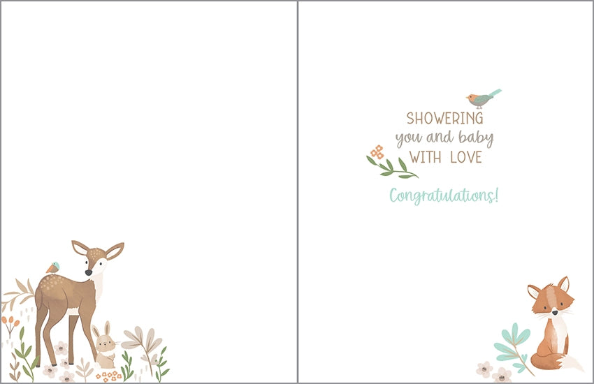 Greeting card with deer, rabbit, and fox illustrations on a white background