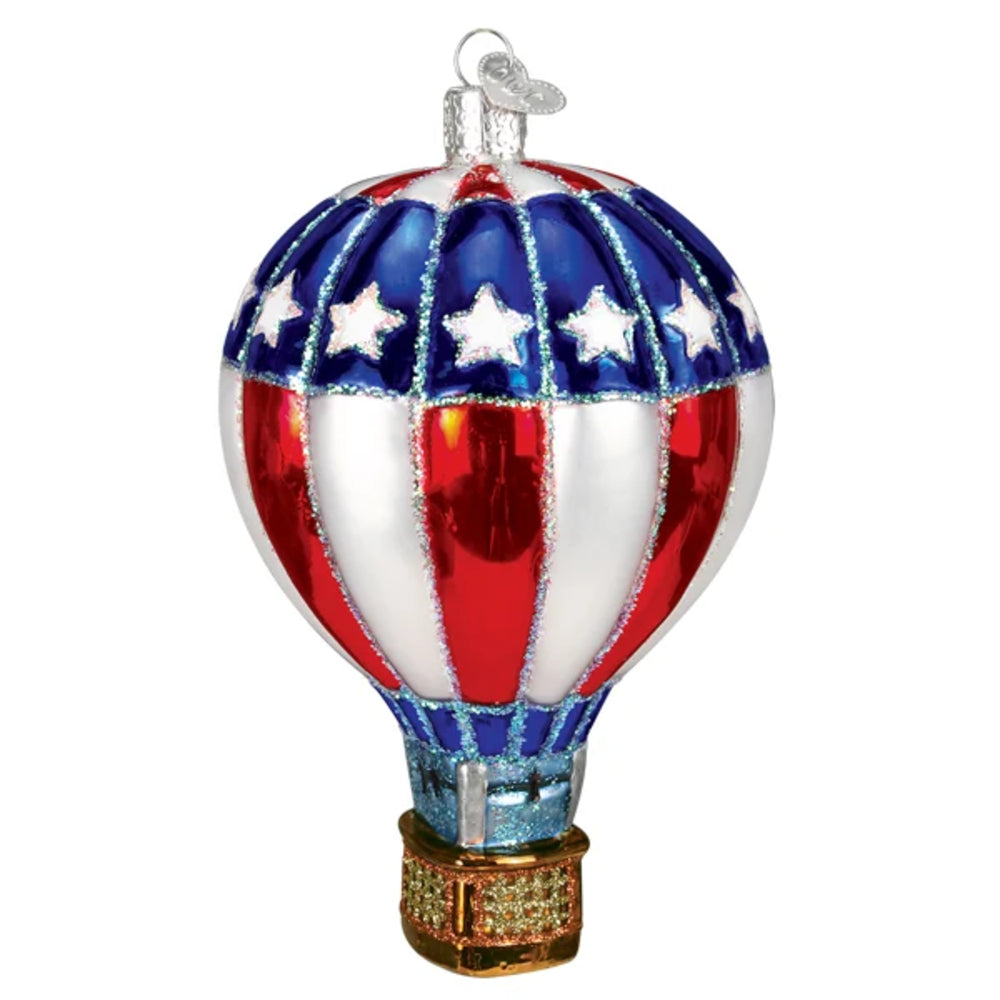 Decorative hot air balloon ornament with American flag design on a white background