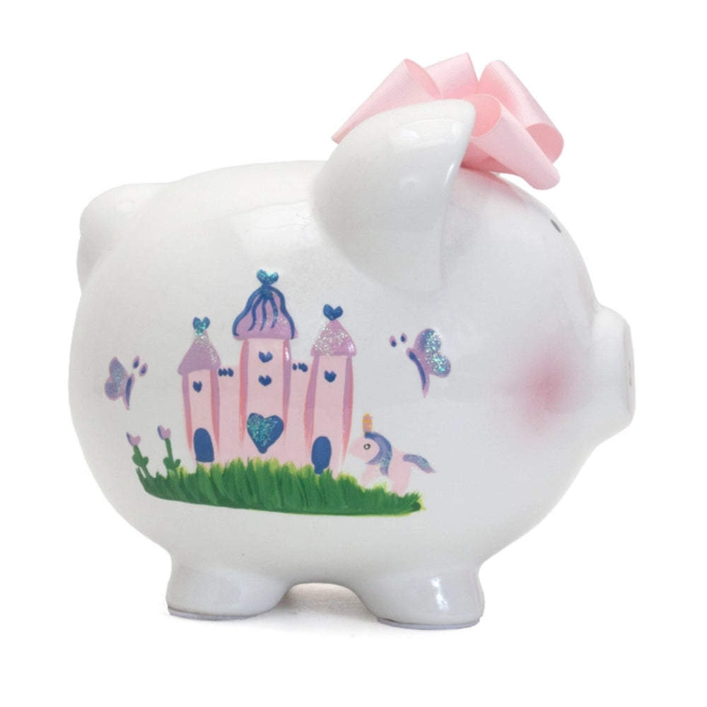 A Princess Castle Piggy Bank with a castle, butterflies, and a pink bow on a white background.